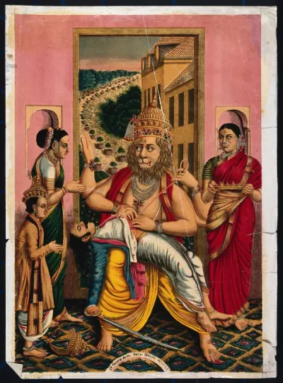 Narasimha disembowelling Hiranyakasipu in front of his son and attendants