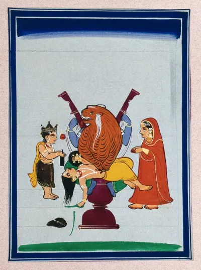Narasimha, the lion-headed avatar of Vishnu, emerges from a stone pillar to disembowel the demon Hiranyakashipu