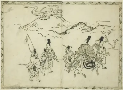 Narihira's Eastern Journey, from the illustrated book "Panorama of Paintings on Screens and Hanging Scrolls (Byobu kakemono ekagami)"