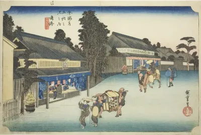 Narumi: Famous Tie-dyed Fabrics of Arimatsu (Narumi, meibutsu Arimatsu shibori), from the series "Fifty-three Stations of the Tokaido (Tokaido gojusan tsugi no uchi)," also known as the Hoeido Tokaido