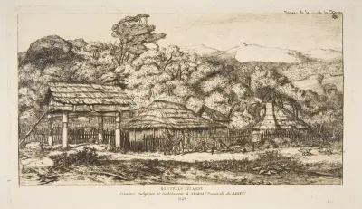 Native Barns and Huts at Akaroa, Banks Peninsula, 1845, from "The Voyage to New Zealand (1842–46)"