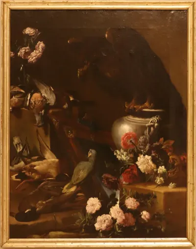 natura morta con aquila, pappagallo e fiori