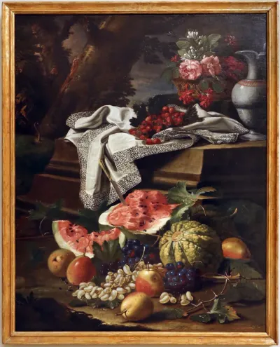 natura morta con cesto di fiori, brocca di porcellana cinese e frutta