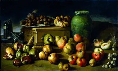 Natura morta con frutta, vasellame e una scatola di "chioccolata fina"