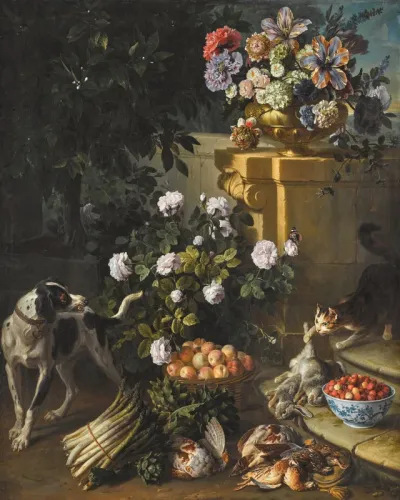 Nature morte au gibier dans un jardin avec chien et chat