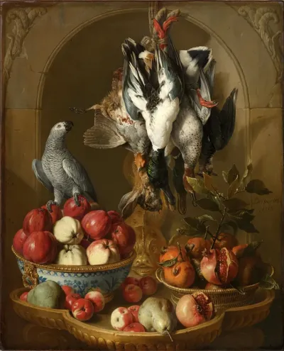 Nature morte au trophée de gibier, fruits et perroquet sur fond de niche