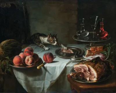 Nature morte aux restes de repas avec chat étendant la patte