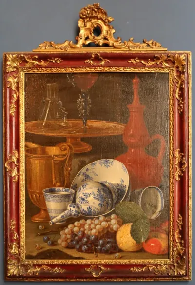 nature morte con vasellame, vetri e frutta