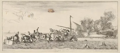 Naval battle, a rowboat filled with people fighting with muskets to left, people drowning in the sea in the center and right foreground, a ship on its side and burning in the background, from "Peace and War" (Divers desseins tant pour la paix que pou