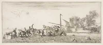 Naval battle, a rowboat filled with people fighting with muskets to left, people drowning in the sea in the center and right foreground, a ship on its side and burning in the background, from "Peace and War" (Divers desseins tant pour la paix que pou