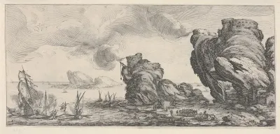 Naval battle with ruined ship and smoking battlements, from "Italian landscapes" (Diverse vedute designate in Fiorenza / Paysages italiens)