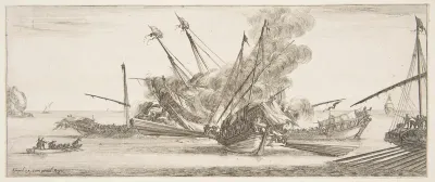 Naval combat, a ship at center, seen from behind, firing at four enemy ships, another ship entering from the right, a rowboat with nine people to left, from "Peace and War" (Divers desseins tant pour la paix que pour la guerre)