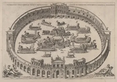 Naval engagement set inside a Roman arena, with the river Tiber and nymphs at lower left and right