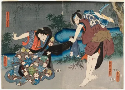 Näyttelijä Ichikawa Danjuro VIII ja Ichikawa Kodanji IV näytelmässä Mimasu no Date-zome (Upea näyttelijän viitta)