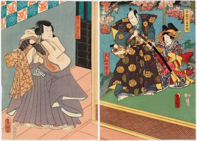 Näyttelijät Ainosuke, Nakamura Utazaku ja Ichikawa Ichizo näytelmässä Irifune Soga Nihon no torikachi (Sogan suku valloittaa Japanin)