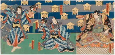 Näyttelijät Bando Hikosaburo, Sawamura Tossho ja Sawamura Tanosuke näytelmässä Sano keizu Soga no goshozome (Soga-suvun silkkiviitta)