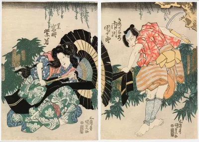 Näyttelijät Ichikawa Danjuro VII ja Iwai Shijaku näytelmässä Date moyo kedatsu no Kinugawa(Kinugawan virttynyt silkkikangas)