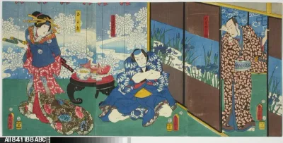 Näyttelijät Ichikawa Danjuro VIII, Arashi Kichisaburo ja Onoe Baiko näytelmässä Kanadehon chusingura (Uskolliset vasallit)