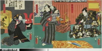Näyttelijät Ichikawa Danjuro VIII, Ichikawa Kodanji IV ja Ichinojo näytelmässä Banzuiin Chobee