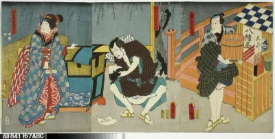 Näyttelijät Ichikawa Danjuro VIII, Ichikawa Kodanji IV ja Onoe Baiko näytelmässä Hachiman matsuri (Hachiman-pyhäkön juhla)
