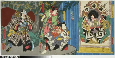 Näyttelijät Ichikawa Danjuro VIII, Ichikawa Koraizo ja Arashi Kichisaburo näytelmässä Megumi no iro furisode Genji (Kaunis liehuvahihainen kaapu)