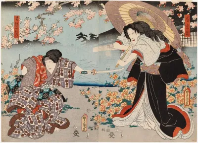 Näyttelijät Ichikawa Danjuro VIII ja Ichikawa Kodanji IV näytelmässä Kagamiyama kokyo no nishikie (Vanha värikuva Kagami-vuoresta)