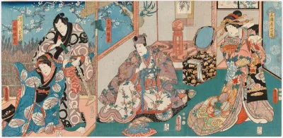 Näyttelijät Ichikawa Danjuro VIII ja Ichikawa Kodanji IV näytelmässä Mimasu no Date-zome (Upea näyttelijän viitta)