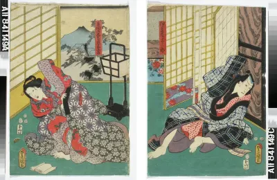 Näyttelijät Ichikawa Danjuro VIII ja Onoe Baiko näytelmässä Genyadana (Heikkoluonteisen Yosaburon tarina)