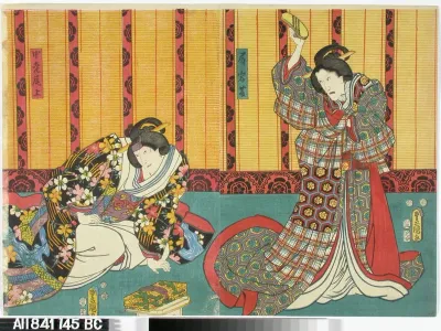 Näyttelijät Ichikawa Danjuro VIII ja Onoe Baiko näytelmässä Kagamiyama kokyo no nishikie (Vanha värikuva Kagami-vuoresta)