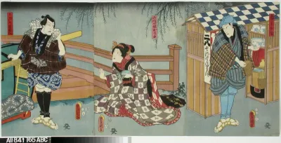 Näyttelijät Ichikawa Danjuro VIII, Onoe Baiko ja Ichikawa Kodanji IV näytelmässä Hachiman matsuri (Hachiman-pyhäkön juhla)