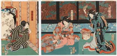 Näyttelijät Ichikawa Danjuro VIII, Onoe Baiko ja Ichikawa Kodanji IV näytelmässä Kagamiyama kokyo no nishikie (Vanha värikuva Kagami-vuoresta)
