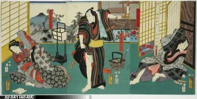 Näyttelijät Ichikawa Danjuro VIII, Seki Sanjuro III ja Onoe Baiko näytelmässä Genyadana (Heikkoluonteisen Yosaburon tarina)