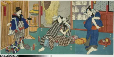 Näyttelijät Ichikawa Danjuro VIII, Seki Sanjuro ja Ichikawa Kodanji IV näytelmässä Mimasu no Date-zome (Upea näyttelijän viitta)