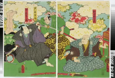 Näyttelijät Ichikawa Danzo VI ja Bando Hikosaburo(?) näytelmässä Kazashi no hana megumi no Takatsuna (Kukka Takatsunan hiuksissa)