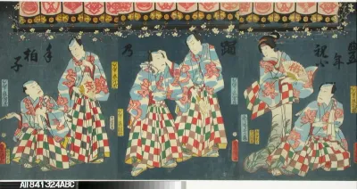 Näyttelijät Ichikawa Kodanji IV, Onoe Kikujiro, Kataoka Ichizo, Hinasuke, Ichikawa Danzo VI ja Ichikawa Tsuruzo elonkorjuujuhlassa