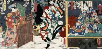 Näyttelijät Ichikawa Koraizo, Ichikawa Danjuro VIII ja Saruzo näytelmässä Tsumoru koi no sekinoto (Rakkauden kinoksia lumisella rajaportilla)