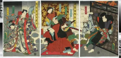 Näyttelijät Ichikawa Kuzo VII, Ichikawa Ichizo, Onoe Kikujiro, Nakumura Fukusuke ja Onoe Baiko tunnistamattomassa näytelmässä