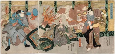 Näyttelijät Ichimura Uzaemon, Onoe Kikugoro III ja Sawamura Sojuro V näytelmässä Mukashigatari Okazaki no Nekoishi yokai (Vanha kertomus Okazakin Kissakiven kummituksesta)