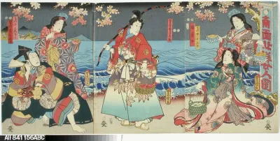 Näyttelijät Ichinojo, Onoe Baiko, Ichikawa Danjuro VIII, Utamenojo ja Ichikawa Kodanji IV näytelmässä Genyadana (Heikkoluonteisen Yosaburon tarina)