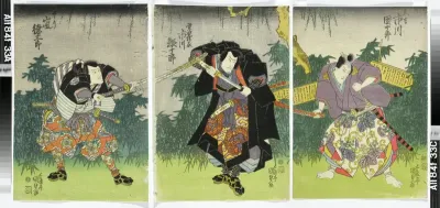 Näyttelijät Ichkawa Danjuro VII, Ichikawa Ebijuro ja Arashi Tokusaburo näytelmässä Hisago no gumbai (Kurpitsanmuotoinen viuhka)