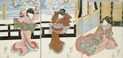 Näyttelijät Iwai Kumesaburo, Iwai Hanshiro VII ja Onoe Kikugoro III näytelmässä Kagamiyama kokyo no nishikie (Vanha värikuva Kagami-vuoresta)