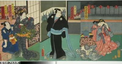 Näyttelijät Iwai Kumesaburo, Kataoka Nizaemon VIII, Ichikawa Dannosuke ja Bando Hikosaburo IV näytelmässä Date kurabe O-Kuni kabuki (Tanssinäytelmä Daten sukuriidasta)