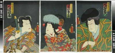 Näyttelijät Iwai Kumesaburo, Kataoka Nizaemon VIII ja Kataoka Gato näytelmässä Hachijin shugo no hanjo (Kahdeksan vartioleiriä)