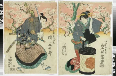 Näyttelijät Iwai Shijaku ja Seki Sanjuro II, roolihenkilöt Izumo no O-Kuni ja Nagoya Sanzo