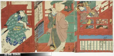 Näyttelijät Iwai Shijaku, Onoe Kikugoro III ja Seki Sanjuro II näytelmässä Kanadehon chusingura (Uskolliset vasallit)