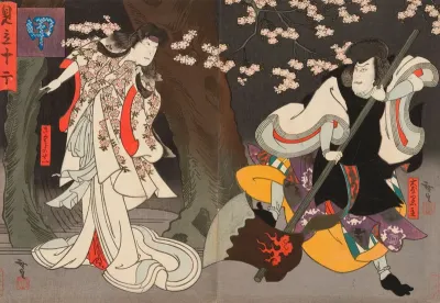 Näyttelijät Jitsukawa Enzaburô kirsikkapuun henki Sumizomen roolissa ja Ichikawa Ebizô V Ôtomo Kuronushin roolissa kabuki-näytelmässä Tsumoru koi yuki no seki no to [Rakkauden kinoksia lumisella rajaportilla]