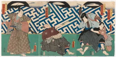 Näyttelijät Kataoka Gado, Bando Hikosaburo, Seki Sanjuro ja Kataoka Nizaemon näytelmässä Date kurabe O-Kuni kabuki (Tanssinäytelmä Daten sukuriidasta)