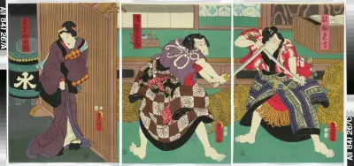 Näyttelijät Kataoka Ichizo, Nakamura Fukusuke ja Ichikawa Danzo VI näytelmässä Futatsu cho-cho (Kaksi perhosta)