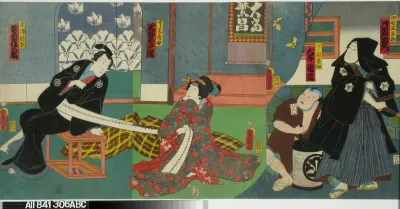 Näyttelijät Kataoka Nizaemon VIII, Otani Tokuji Iwai Kumesaburo ja Bando Hikosaburo IV näytelmässä Sode-ga-ura ukina no harusame (Salaista lempeä Sode-ga-uran kevätsateessa)