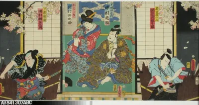Näyttelijät Kawarazaki Gonjuro, Nakamura Shikan, Sawamura Tanosuke ja Ichimura Uzaemon näytelmässä Cho no harutoki eno saya-ate (Riitapukareiden kaksintaistelu)